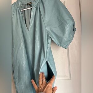 THML Faux Leather Shift Dress Sage Green Short Sleeve V-Neck Women’s L